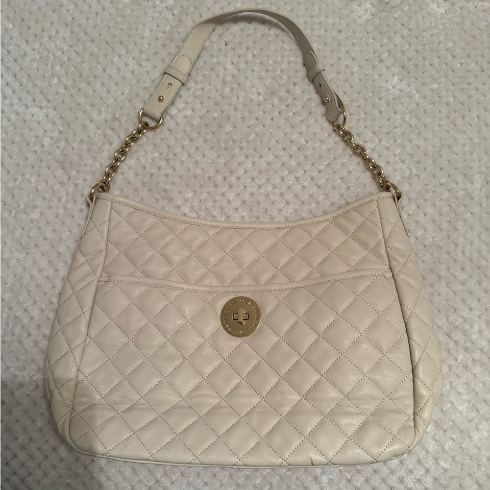 Isaac Mizrahi Cream Quilted Shoulder Bag with Gold Accents